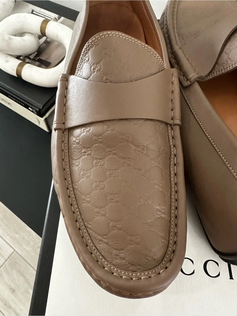 Gucci Brown Leather Embossed Penny Loafers